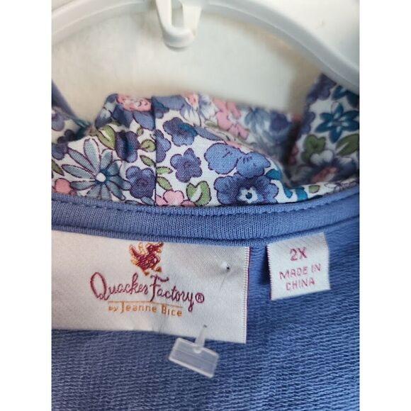Quacker Factory Women Blue Full Zip w/Floral Hem Cotton Hoodie Sweater size 2X - Picture 7 of 10